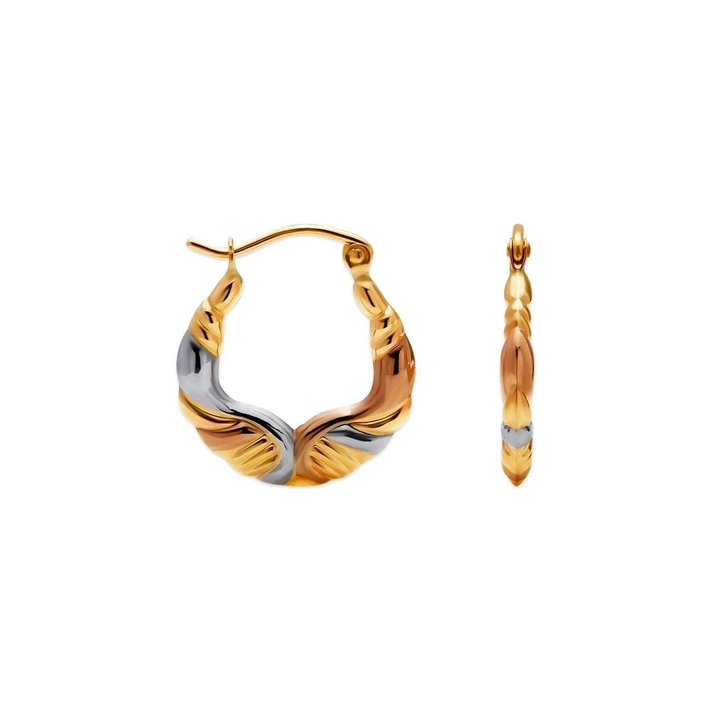 NEW 14K TRICOLOR GOLD HOLLOW BABY SHRIMP HOOP EARRINGS: NEW 14K TRICOLOR GOLD HOLLOW BABY SHRIMP HOOP EARRINGSHOLLOW BABY SHRIMP HOOP EARRINGSNEW 14KTRICOLOR GOLDWidth: Approx. 18mmApx WEIGHT: 0.6g
