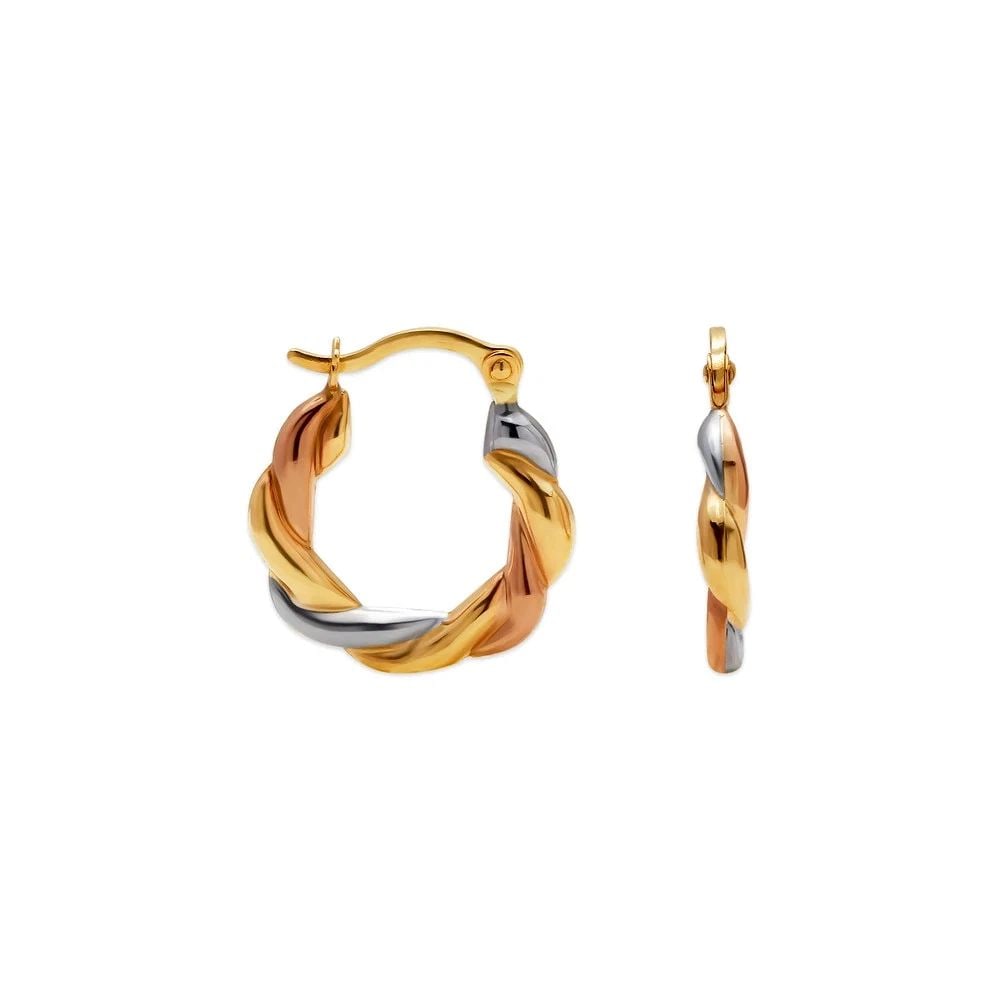 NEW 14K TRICOLOR GOLD HOLLOW BABY SHRIMP HOOP EARRINGS: NEW 14K TRICOLOR GOLD HOLLOW BABY SHRIMP HOOP EARRINGSHOLLOW BABY SHRIMP HOOP EARRINGSNEW 14KTRICOLOR GOLDWidth: Approx. 16mmApx WEIGHT: 0.6g