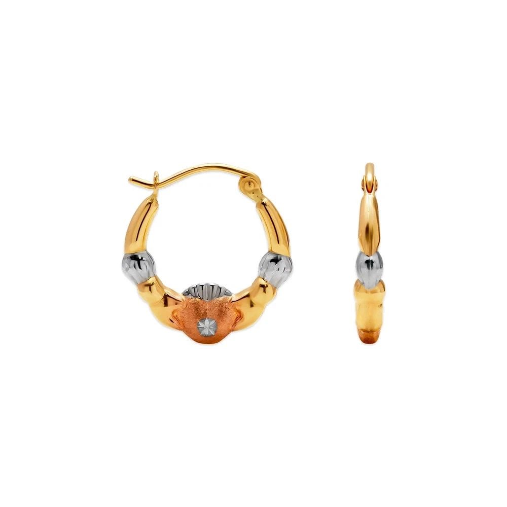 NEW 14K TRICOLOR GOLD HOLLOW BABY SHRIMP HOOP EARRINGS: NEW 14K TRICOLOR GOLD HOLLOW BABY SHRIMP HOOP EARRINGSHOLLOW BABY SHRIMP HOOP EARRINGSNEW 14KTRICOLOR GOLDWidth: Approx. 17mmApx WEIGHT: 0.6g