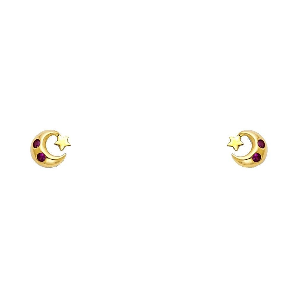 NEW 14K YELLOW GOLD MOON & STAR RED STUD EARRINGS (1 of 2)