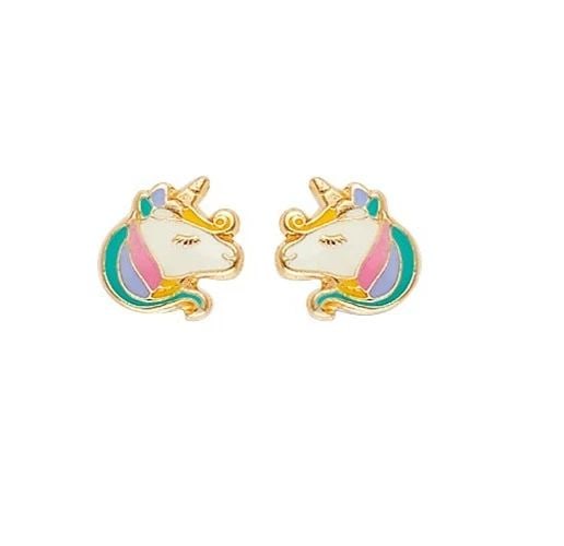 NEW 14K YELLOW GOLD ENAMEL UNICON FACE EARRINGS WITH SCREW BACK: NEW 14K YELLOW GOLD ENAMEL UNICON FACE EARRINGS WITH SCREW BACKENAMEL UNICON FACE EARRINGS WITH SCREW BACKNEW 14KYELLOW GOLD
