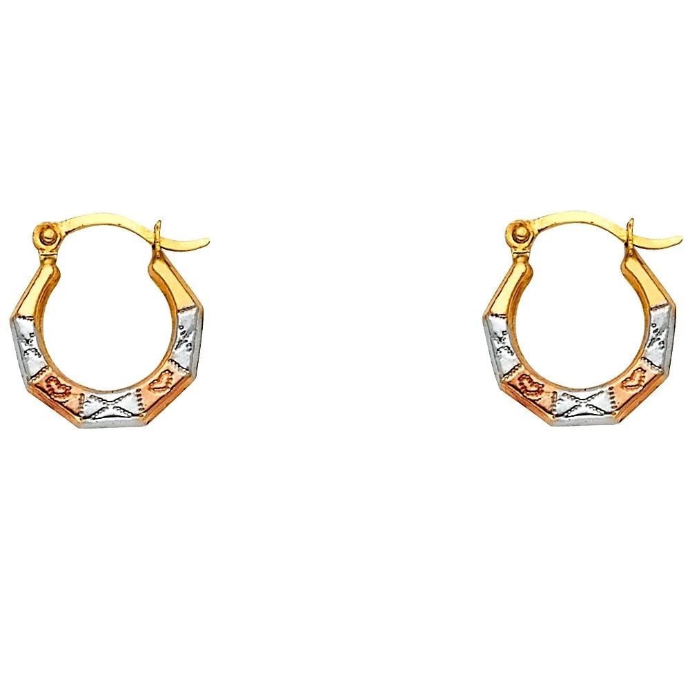 NEW 14K TRI COLOR GOLD FANCY HOLLOW HOOP EARRINGS: NEW 14K TRI COLOR GOLD FANCY HOLLOW HOOP EARRINGSFANCY HOLLOW HOOP EARRINGSNEW 14KTRI COLOR GOLDHEIGHT - 12 mmWIDTH - 12 mmApx WEIGHT - 0.4 g
