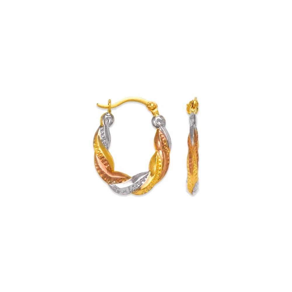 NEW 14K TRICOLOR GOLD HOLLOW SUPER LIGHT SHRIMP HOOP EARRINGS: NEW 14K TRICOLOR GOLD HOLLOW SUPER LIGHT SHRIMP HOOP EARRINGSHOLLOW SUPER LIGHT SHRIMP HOOP EARRINGSNEW 14KTRICOLOR GOLDWidth: Approx. 13mmApx WEIGHT: 0.5g