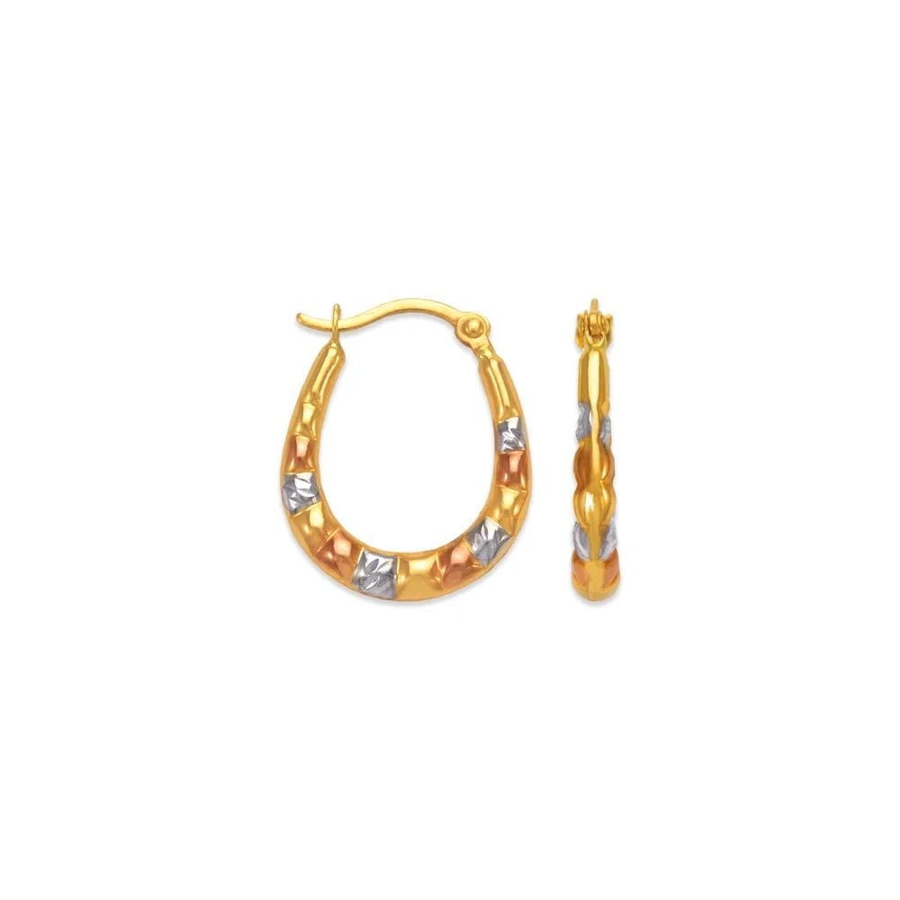 NEW 14K TRICOLOR GOLD HOLLOW SUPER LIGHT SHRIMP HOOP EARRINGS: NEW 14K TRICOLOR GOLD HOLLOW SUPER LIGHT SHRIMP HOOP EARRINGSHOLLOW SUPER LIGHT SHRIMP HOOP EARRINGSNEW 14KTRICOLOR GOLDWidth: Approx. 14mmApx WEIGHT: 0.5g