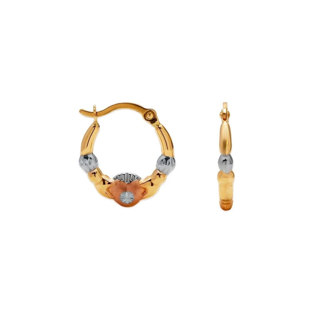 NEW 14K TRICOLOR GOLD HOLLOW BABY SHRIMP HOOP EARRINGS: NEW 14K TRICOLOR GOLD HOLLOW BABY SHRIMP HOOP EARRINGSHOLLOW BABY SHRIMP HOOP EARRINGSNEW 14KTRICOLOR GOLDWidth: Approx. 15mmApx WEIGHT: 0.5g
