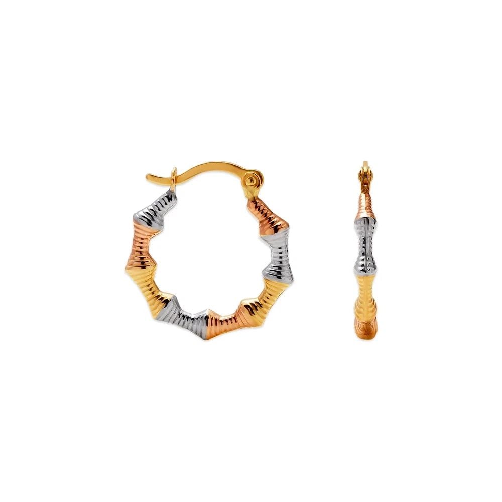 NEW 14K TRICOLOR GOLD HOLLOW BABY SHRIMP HOOP EARRINGS: NEW 14K TRICOLOR GOLD HOLLOW BABY SHRIMP HOOP EARRINGSHOLLOW BABY SHRIMP HOOP EARRINGSNEW 14KTRICOLOR GOLDWidth: Approx. 17mmApx WEIGHT: 0.5g