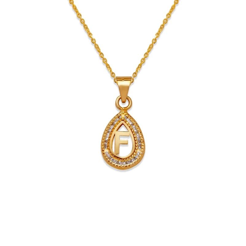 NEW 14K YELLOW GOLD TEARDROP INITIAL "F" PENDANT: NEW 14K YELLOW GOLD TEARDROP INITIAL "F" PENDANTTEARDROP INITIAL "F" PENDANTNEW 14KYELLOW GOLDApx. WIDTH: 9x12mmApx WEIGHT: 0.5g