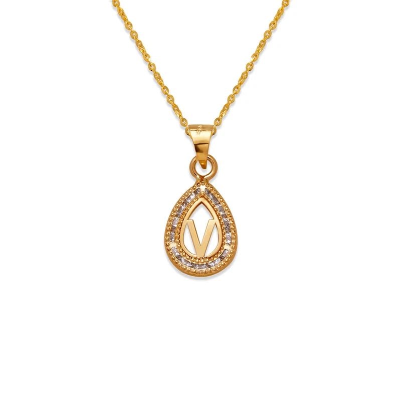 NEW 14K YELLOW GOLD TEARDROP INITIAL "V" PENDANT: NEW 14K YELLOW GOLD TEARDROP INITIAL "V" PENDANTTEARDROP INITIAL "V" PENDANTNEW 14KYELLOW GOLDApx. WIDTH: 9x12mmApx WEIGHT: 0.5g