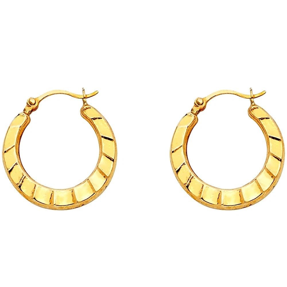NEW 14K YELLOW GOLD FANCY HOLLOW HOOP EARRINGS: NEW 14K YELLOW GOLD FANCY HOLLOW HOOP EARRINGSFANCY HOLLOW HOOP EARRINGSNEW 14K YELLOW GOLDHEIGHT - 17 mmWIDTH - 17 mmApx WEIGHT - 0.5 g