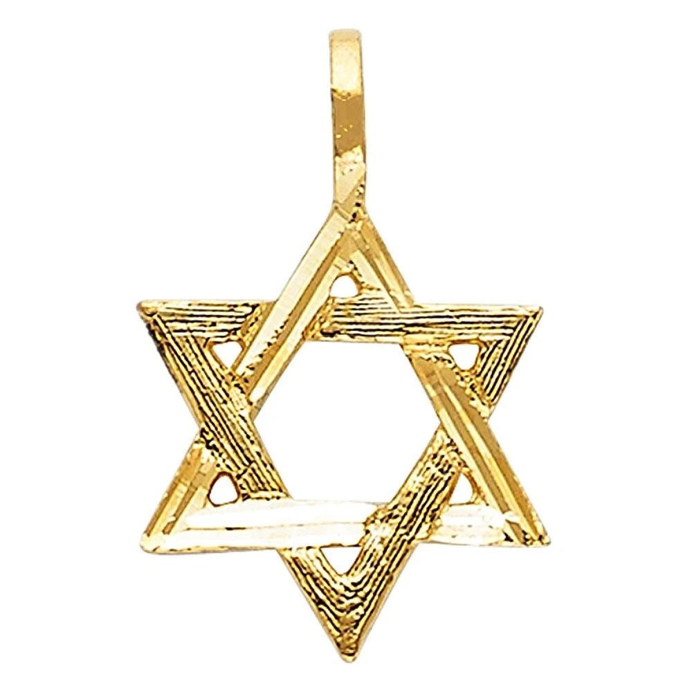 NEW 14K YELLOW GOLD STAR OF DAVID PENDANT: NEW 14K YELLOW GOLD STAR OF DAVID PENDANTSTAR OF DAVID PENDANTNEW 14KYELLOW GOLDHeight : 15 mmWidth : 13 mmApx. WEIGHT : 0.5g