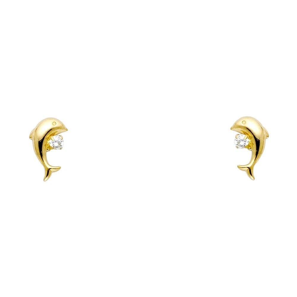 NEW 14K YELLOW GOLD DOLPHIN WHITE STUD EARRINGS: NEW 14K YELLOW GOLD DOLPHIN WHITE STUD EARRINGSDOLPHIN WHITE STUD EARRINGSNEW 14KYELLOW GOLD