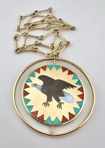 DENNIS & NANCY EDAAKIE ZUNI 14K YELLOW GOLD EAGLE SPINNER PENDANT NECKLACE 113G: DENNIS & NANCY EDAAKIE ZUNI 14K YELLOW GOLD EAGLE SPINNER PENDANT NECKLACE 113G Vintage RARE Dennis & Nancy Edaakie Zuni 14k Yellow Gold Eagle Spinner Pendant Necklace 113g Necklace Size: 25" Long Tip