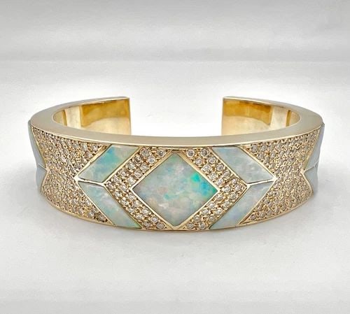 VTG NAVAJO 14K YELLOW GOLD 3.50CT DIAMOND OPAL SUGILITE MALACHITE CUFF BRACELET (1 of 2)