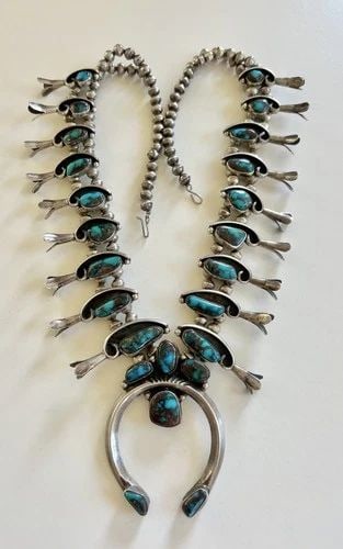 OLD NAVAJO STERLING SILVER LAVENDER PIT BISBEE TURQUOISE SQUASH BLOSSOM NECKLACE: OLD NAVAJO STERLING SILVER LAVENDER PIT BISBEE TURQUOISE SQUASH BLOSSOM NECKLACE RARE OLD Navajo Sterling Silver Lavender Pit Bisbee Turquoise Squash Blossom Necklace This Amazing Museum Quality neckl