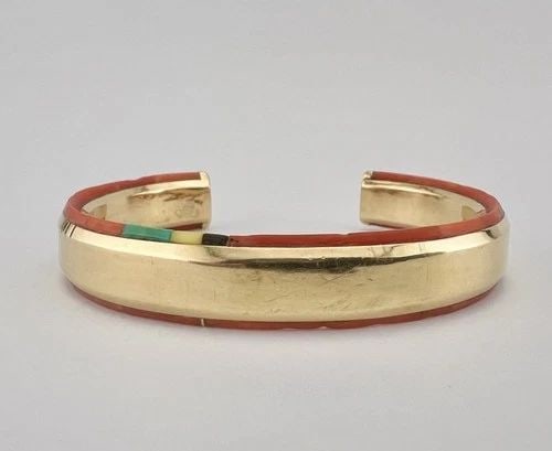 RARE JIMMIE KING JR NAVAJO 14K YELLOW GOLD CORAL & TURQUOISE CUFF BRACELET 47.8G: RARE JIMMIE KING JR NAVAJO 14K YELLOW GOLD CORAL & TURQUOISE CUFF BRACELET 47.8G RARE Jimmie King JR Navajo 14K Yellow Gold Coral & Turquoise Flush Inlay Cuff Bracelet 47.8g Cuff is Slightly Over 5" T