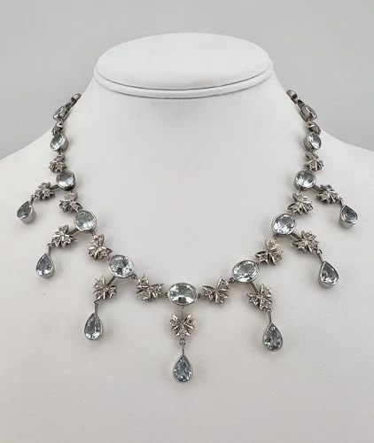 VICTORIAN 14K-18K WHITE GOLD 36CT AQUAMARINE & .80CT DIAMOND DANGLE NECKLACE 50G: VICTORIAN 14K-18K WHITE GOLD 36CT AQUAMARINE & .80CT DIAMOND DANGLE NECKLACE 50G Antique Victorian 14k-18k White Gold 36.00ct Aquamarine & .80ct Diamond Dangle Necklace Size: 16.75" Long tip To Tip & 