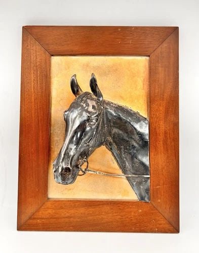 ANTIQUE EQUESTRIAN 3D STERLING SILVER FRAMED HORSE STATUE TROPHY PLAQUE 3000G: ANTIQUE EQUESTRIAN 3D STERLING SILVER FRAMED HORSE STATUE TROPHY PLAQUE 3000G Rare Antique Equestrian 3D Sterling Silver Framed Horse Statue Trophy Plaque 3000g Frame Size: 18" x 14" - Sterling Silver
