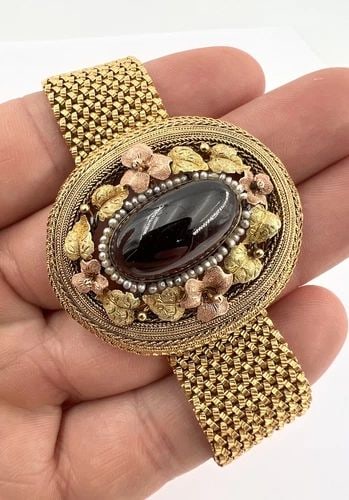VICTORIAN ETRUSCAN 14K TRI COLOR GOLD BOHEMIAN GARNET SEED PEARL BRACELET 45.2G (1 of 2)