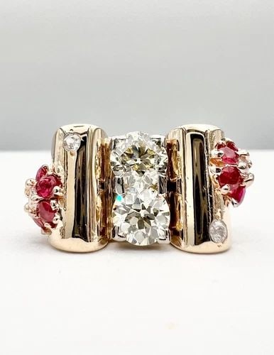 ANTIQUE DECO YELLOW GOLD 2.52CT DIAMOND & .90CT RUBY APPRX FLOWER GYPSY RING (1 of 2)