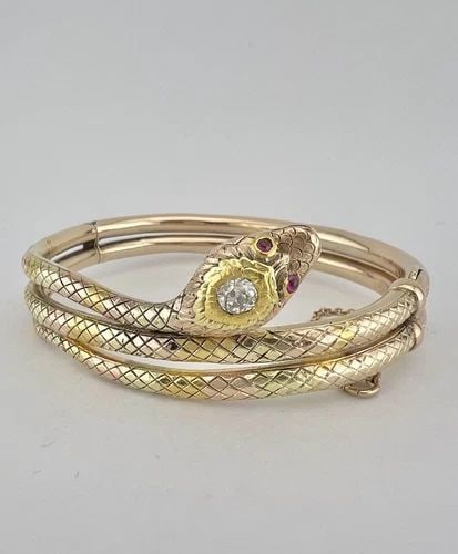VICTORIAN TRI COLOR GOLD ROSE CUT DIAMOND & RUBY SNAKE BANGLE BRACELET 43.5G (1 of 2)