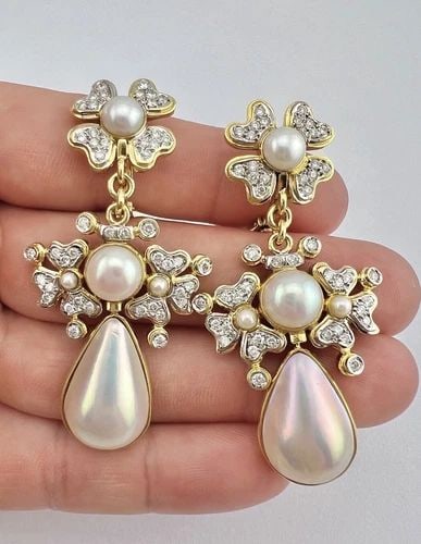18K YELLOW GOLD TEARDROP PEARL & DIAMOND FLOWER OMEGA BACK DANGLE EARRINGS 2.5" (1 of 2)