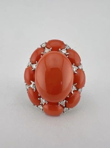DESIGNER 18K WHITE GOLD NATURAL CABOCHON RED CORAL & 1.53TCW DIAMOND RING -20.6G (1 of 2)
