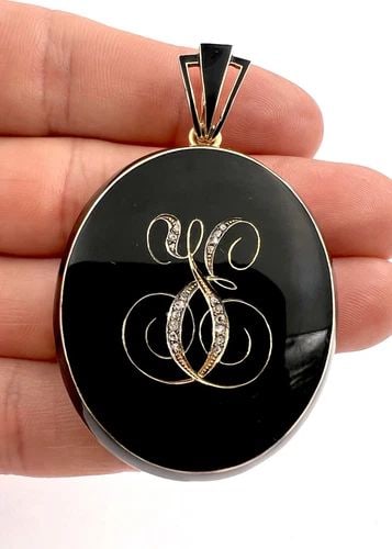 VICTORIAN SCOTTISH 14K GOLD ROSE CUT DIAMOND & ENAMEL PHOTO LOCKET PENDANT 34.4G (1 of 2)