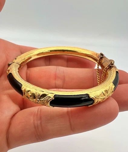 ANTIQUE CHINESE 24K YELLOW GOLD BLACK GEM 8MM 6.5" HINGED BRACELET BANGLE 26.9G (1 of 2)