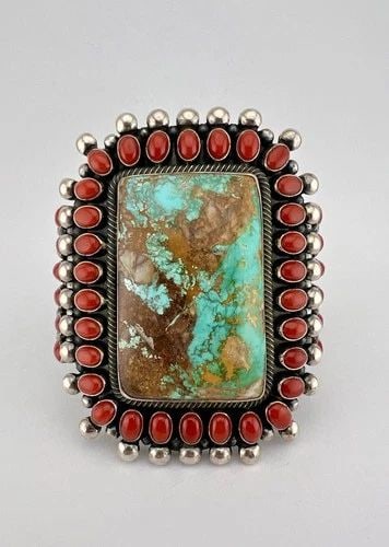 ERNEST ROY BEGAY NAVAJO STERLING ROYSTON TURQUOISE & CORAL CUFF BRACELET 217.8G (1 of 2)