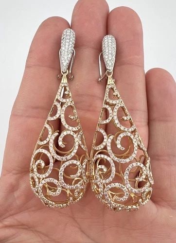 HANA 18K ROSE GOLD 3.85CT DIAMOND OMEGA BACK POST TEARDROP DANGLE EARRINGS 22.5G: HANA 18K ROSE GOLD 3.85CT DIAMOND OMEGA BACK POST TEARDROP DANGLE EARRINGS 22.5G HANA 18k Rose Gold 3.85ct Diamond Omega Back Post Teardrop Dangle Earrings 22.5g Size: Just Under 3" Tall & Almost 1" W