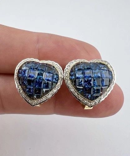 FINE 18K YELLOW GOLD INVISIBLE SET SAPPHIRE & DIAMOND HEART HALO POST EARRINGS (1 of 2)