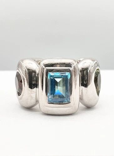 DESIGNER MODERNIST ITALIAN 18K WHITE GOLD MULTI GEMSTONE ETERNITY WIDE RING 20G: DESIGNER MODERNIST ITALIAN 18K WHITE GOLD MULTI GEMSTONE ETERNITY WIDE RING 20G Designer Modernist Italian 18k White Gold Multi Gemstone Eternity Wide Ring 20g Ring Size: 6.5 Metal: 18k White Gold - T