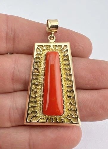 AL NEZ NAVAJO TUFA CAST 14K YELLOW GOLD NATURAL MEDITERRANEAN RED CORAL PENDANT (1 of 2)
