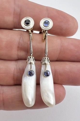 RARE ART DECO 14K GOLD & PLATINUM TOP MISSISSIPPI SAPPHIRE RIVER PEARL EARRINGS (1 of 2)