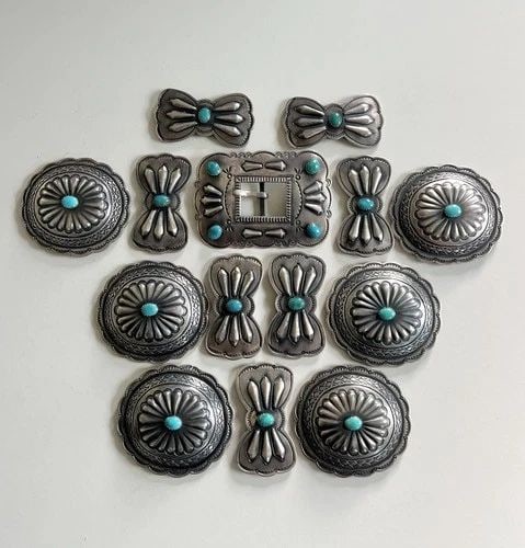 RARE HARRY MORGAN NAVAJO STERLING SILVER TURQUOISE STAMPED 14 CONCHO BELT 377.2G: RARE HARRY MORGAN NAVAJO STERLING SILVER TURQUOISE STAMPED 14 CONCHO BELT 377.2G Vintage RARE Harry Morgan Navajo Sterling Silver Turquoise Stamped 14 Concho Belt 377.2g Buckle Size: 3 1/4" Wide by Ar