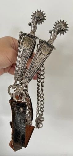 ANTIQUE SPANISH SOUTHWESTERN .800 SILVER HAND FORGED HAND MADE SPURS PAIR 457.5G: ANTIQUE SPANISH SOUTHWESTERN .800 SILVER HAND FORGED HAND MADE SPURS PAIR 457.5G Antique Spanish Southwestern Sterling Silver Hand Forged Hand Made Spurs Pair Item: Southwestern.800 Silver Hand Forged
