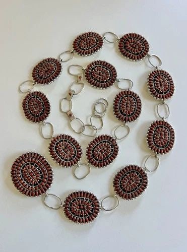 VTG ZUNI STERLING SILVER NATURAL NEEDLEPOINT RED CORAL CLUSTER CONCHO BELT 44" (1 of 2)