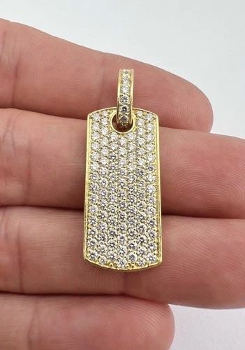 DESIGNER CUSTOM 18K YELLOW GOLD 2.80CTW DIAMOND DOG TAG PENDANT: Designer Custom 18K Yellow Gold 2.80ctw Diamond Dog Tag Pendant Size: 1 1/2" Tall With Bail by a Tad Over 1/2" Wide at The Base Weight is 8.5 Grams on My Scale Metal: 18k Yellow Gold - Hallmarked Amaz