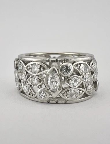 ART DECO PLATINUM 2CT APPROX MARQUISE ROUND CUT DIAMOND ETERNITY WIDE BAND RING: ART DECO PLATINUM 2CT APPROX MARQUISE ROUND CUT DIAMOND ETERNITY WIDE BAND RING Art Deco Platinum 2ct Approx Marquise Round Cut Diamond Eternity WIDE Band Ring Ring Size: 5.75- 6 Range & is 10mm Wide 