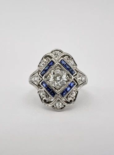 ANTIQUE ART DECO 14K WHITE GOLD .70CT OLD EUROPEAN CUT DIAMOND & SAPPHIRE RING: Antique Art Deco 14k White Gold .60ct Old European Cut Diamond & Sapphire Ring Ring Size: 6- Can Be Resized Weight is 4.2 Grams on My Scale Metal: Held Up with 14k Gold Acid (I Believe its White Gold)