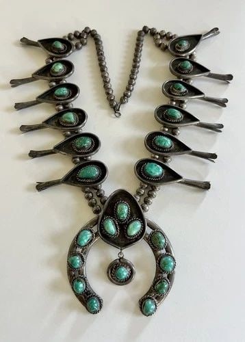 VTG NAVAJO STERLING SILVER GREEN DAMELE TURQUOISE SQUASH BLOSSOM NECKLACE - 306G: Vtg Old PAWN Navajo Sterling Silver GREEN DAMELE TURQUOISE Squash Blossom Necklace - 306g This Amazing necklace features huge specimens of Natural High-Grade Damele / Variscite Turquoise, secure in a 