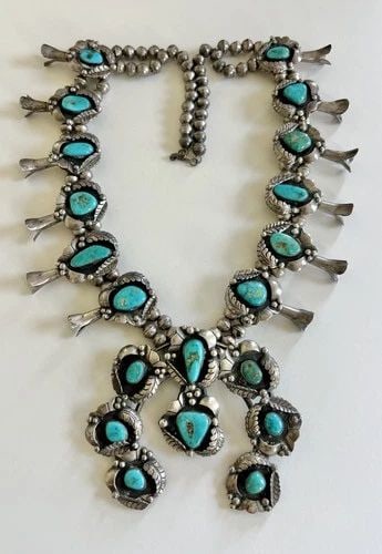 VTG NAVAJO STERLING SILVER ROYSTON TURQUOISE SQUASH BLOSSOM NECKLACE 27.5"- 264G: Vtg Navajo Sterling Silver High Grade Royston Turquoise Squash Blossom Necklace 27.5"- 264g This Amazing necklace features huge specimens of Natural High-Grade Royston Turquoise, secure in a Smooth be