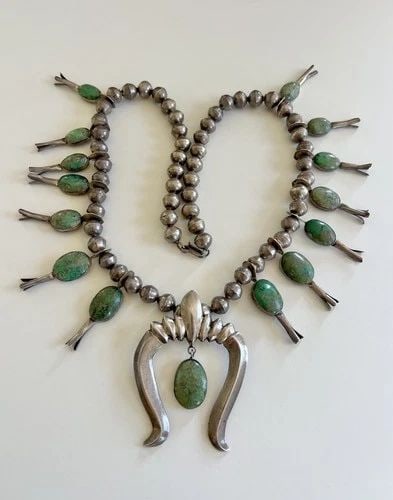 1940'S NAVAJO SANDCAST COIN SILVER CERRILLOS TURQUOISE SQUASH BLOSSOM NECKLACE: Old PAWN 1940's Navajo Sandcast Coin / Sterling Silver Green Cerrillos Turquoise Squash Blossom Necklace This Amazing necklace features huge specimens of Natural Green Cerrillos Turquoise, secure in a