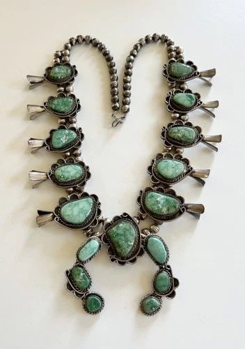 258.6G VTG NAVAJO STERLING SILVER FOX TURQUOISE SQUASH BLOSSOM NECKLACE 26.5" (1 of 2)