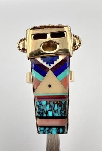 RARE ZUNI 14K YELLOW GOLD WEBBED TURQUOISE & CORAL & LAPIS YEI KACHINA RING 1.5": RARE ZUNI 14K YELLOW GOLD WEBBED TURQUOISE & CORAL & LAPIS YEI KACHINA RING 1.5" RARE Zuni 14k Yellow Gold Webbed Turquoise & Coral & Lapis Yei Kachina Ring 1.5" Size: 1 1/2" Tall & About 1" At Its Wi