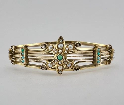 VICTORIAN 14K GOLD TURQUOISE & SEED PEARL FLEUR DE LIS HINGED BANGLE BRACELET: VICTORIAN 14K GOLD TURQUOISE & SEED PEARL FLEUR DE LIS HINGED BANGLE BRACELET Antique Victorian 14k Yellow Gold Turquoise & Seed Pearl Fleur de lis Hinged Bangle Bracelet Wearable Length is Around 6.5