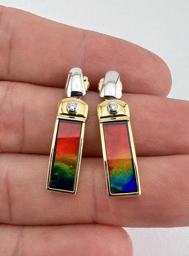 DESIGNER KORITE 18K YELLOW & WHITE GOLD AA AMMOLITE & DIAMOND LONG POST EARRINGS (1 of 2)