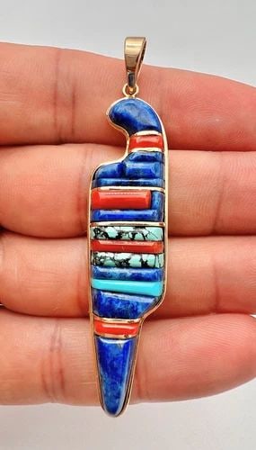VTG NAVAJO 14K YELLOW GOLD TURQUOISE CORAL LAPIS COBBLESTONE INLAY PENDANT 2.75": VTG NAVAJO 14K YELLOW GOLD TURQUOISE CORAL LAPIS COBBLESTONE INLAY PENDANT 2.75" Vtg Navajo 14k Yellow Gold Turquoise Coral Lapis Cobblestone Inlay Pendant 2.75" Size: 2 3/4" Tall With Bail & 5/8" At 