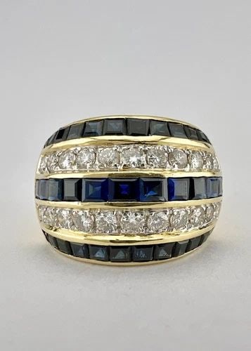 DESIGNER 18K YELLOW GOLD CHANNEL SET PRINCESS CUT SAPPHIRE & DIAMOND DOME RING: DESIGNER 18K YELLOW GOLD CHANNEL SET PRINCESS CUT SAPPHIRE & DIAMOND DOME RING Designer 18K Yellow Gold Channel Set Princess Cut Sapphire & Diamond Dome Ring Size: 7.25 - Can be Resized With Out Damag
