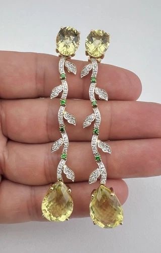 18K YELLOW GOLD TSAVORITE DIAMOND LEMON QUARTZ OMEGA BACK DANGLE EARRINGS 3 1/8": 18K YELLOW GOLD TSAVORITE DIAMOND LEMON QUARTZ OMEGA BACK DANGLE EARRINGS 3 1/8" Designer 18k Yellow Gold Tsavorite Diamond Lemon Quartz Omega Back Dangle Earrings 3 1/8" Size: 3 1/8" Tall With Dangle